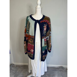 VTG Together! Knit Patchwork Cardigan L Navy Multi-color